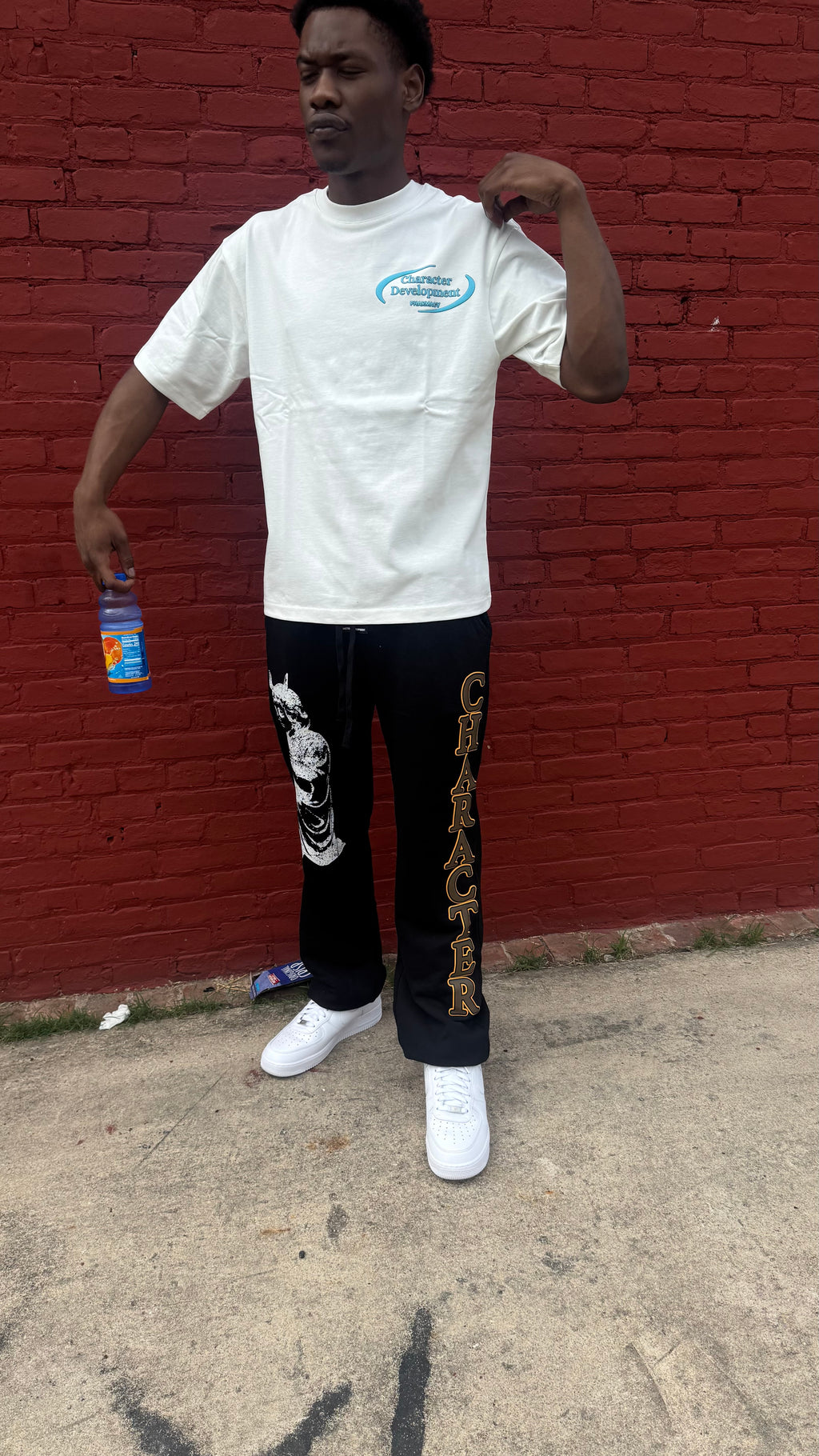 Character Development Prayer Sweatpants detail shot showing premium silicone patch